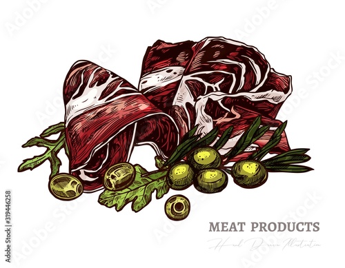 Vector illustration of tasty slices of meat, smoked pork or spanish jamon with olive, greenery and salad. Hand drawn colorful sketch engraving style