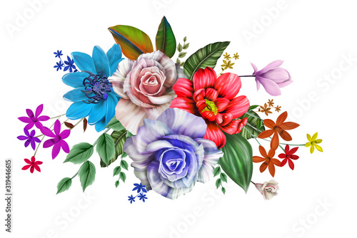 Fototapeta Naklejka Na Ścianę i Meble -  floral illustration - bouquet with bright pink vivid flowers, green leaves, for wedding stationary, greetings, wallpapers, fashion, backgrounds, textures, DIY, wrappers, cards.
