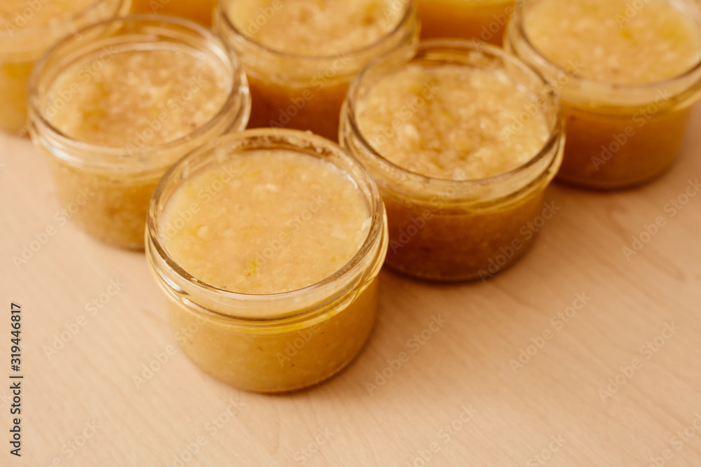 Dessert and jam with lemon in a jar. Jam for tea.