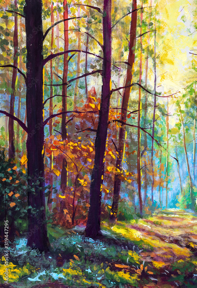 Plakat Oil painting Autumn forest scenery with rays of warm light illumining gold foliage and footpath leading into scene art illustration nature