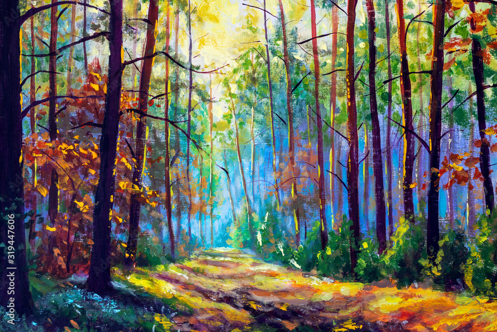Plakat Impressionism modern oil painting autumn forest park alley sunlight landscape artwork. Sunny art