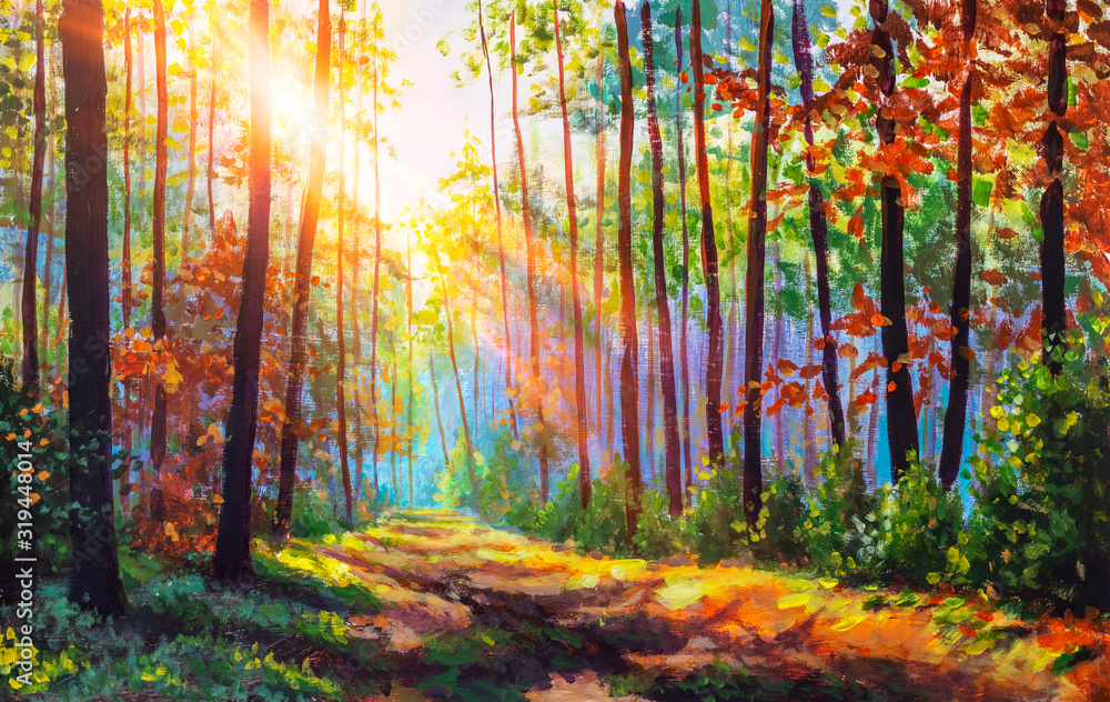 Plakat Autumn oil painting. Autumn forest with sunlight. Path in forest through trees with vivid colorful leaves. Beautiful fall background. Fall scenery wonderland art.