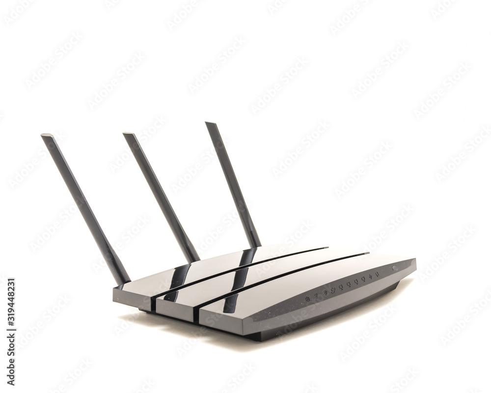 Studio shot of black wireless router cable modem with antenna isolated on white background. Front view with indicator lights Studio shot of black wireless router cable modem with antenna isolated on white background. Front view with indicator lights