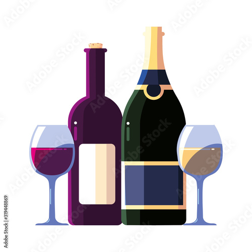 bottle and glass of wine on white background