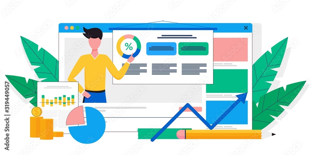Blogging channel about business, data analysis, finance, economics. Blogger coach recording educational video lesson, podcast. Online training, streaming video player. Flat cartoon vector illustration