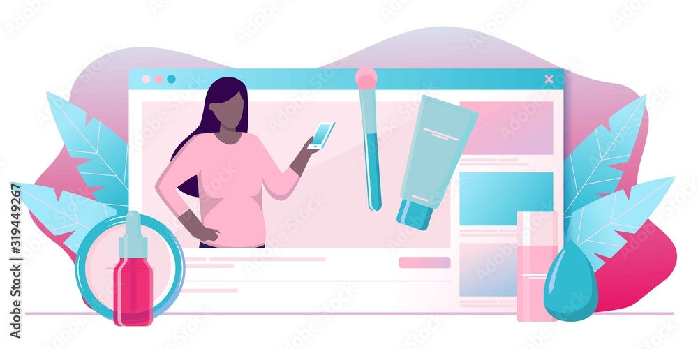 Girl recording cosmetics production review, streaming live, video content creation. Beauty fashion blogger, online beauty consultant blog, makeup and skincare tips. Vector flat concept illustration. Girl recording cosmetics production review, streaming live, video content creation. Beauty fashion blogger, online beauty consultant blog, makeup and skincare tips. Vector flat concept illustration.