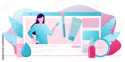 Girl recording cosmetics production review, streaming live, video content creation. Beauty fashion blogger, online beauty consultant blog, makeup and skincare tips. Vector flat concept illustration.