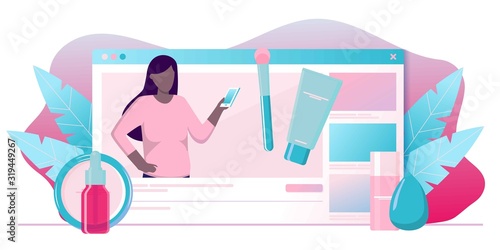 Girl recording cosmetics production review, streaming live, video content creation. Beauty fashion blogger, online beauty consultant blog, makeup and skincare tips. Vector flat concept illustration.