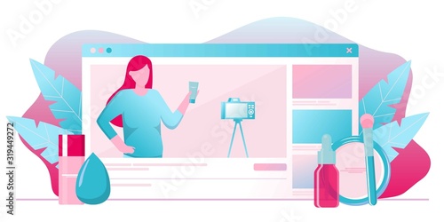 Girl recording cosmetics production review, streaming live, video content creation. Beauty fashion blogger, online beauty consultant blog, makeup and skincare tips. Vector flat concept illustration.