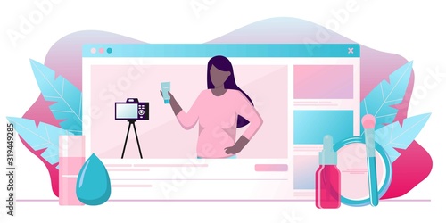 Girl recording cosmetics production review, streaming live, video content creation. Beauty fashion blogger, online beauty consultant blog, makeup and skincare tips. Vector flat concept illustration.