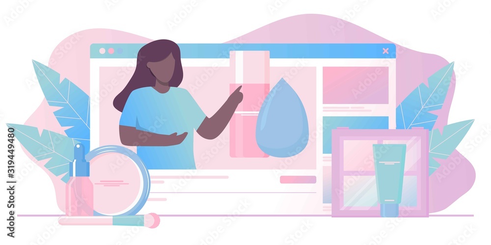 Girl recording cosmetics production review, streaming live, video content creation. Beauty fashion blogger, online beauty consultant blog, makeup and skincare tips. Vector flat concept illustration. Girl recording cosmetics production review, streaming live, video content creation. Beauty fashion blogger, online beauty consultant blog, makeup and skincare tips. Vector flat concept illustration.