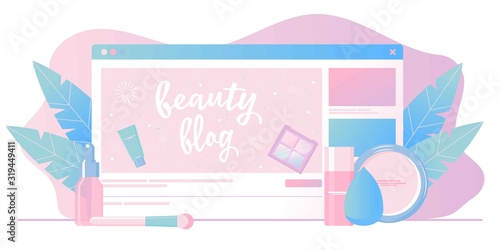 Girl recording cosmetics production review, streaming live, video content creation. Beauty fashion blogger, online beauty consultant blog, makeup and skincare tips. Vector flat concept illustration.