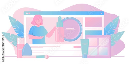 Girl recording cosmetics production review, streaming live, video content creation. Beauty fashion blogger, online beauty consultant blog, makeup and skincare tips. Vector flat concept illustration.