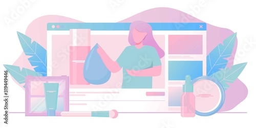 Girl recording cosmetics production review, streaming live, video content creation. Beauty fashion blogger, online beauty consultant blog, makeup and skincare tips. Vector flat concept illustration.