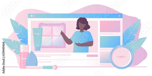 Girl recording cosmetics production review, streaming live, video content creation. Beauty fashion blogger, online beauty consultant blog, makeup and skincare tips. Vector flat concept illustration.
