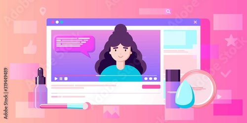 Girl recording cosmetics production review, streaming live, video content creation. Beauty fashion blogger, online beauty consultant blog, makeup and skincare tips. Vector flat concept illustration.