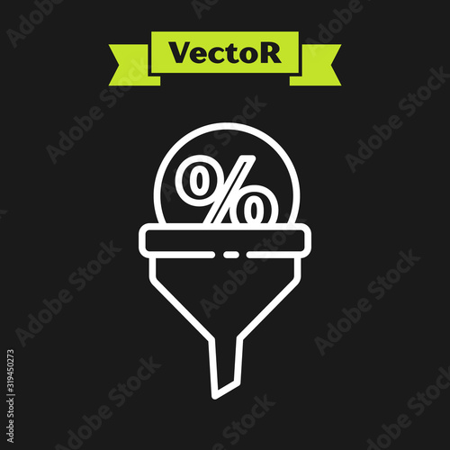 White line Lead management icon isolated on black background. Funnel with discount percent. Target client business concept. Vector Illustration