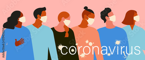 Wuhan Novel coronavirus 2019 nCoV, women and men with medical face mask. Concept of coronavirus quarantine. The virus is like blots. Vector Illustration.