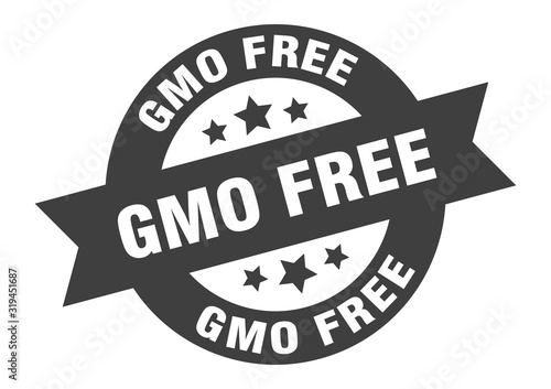 gmo free sign. gmo free round ribbon sticker. gmo free tag