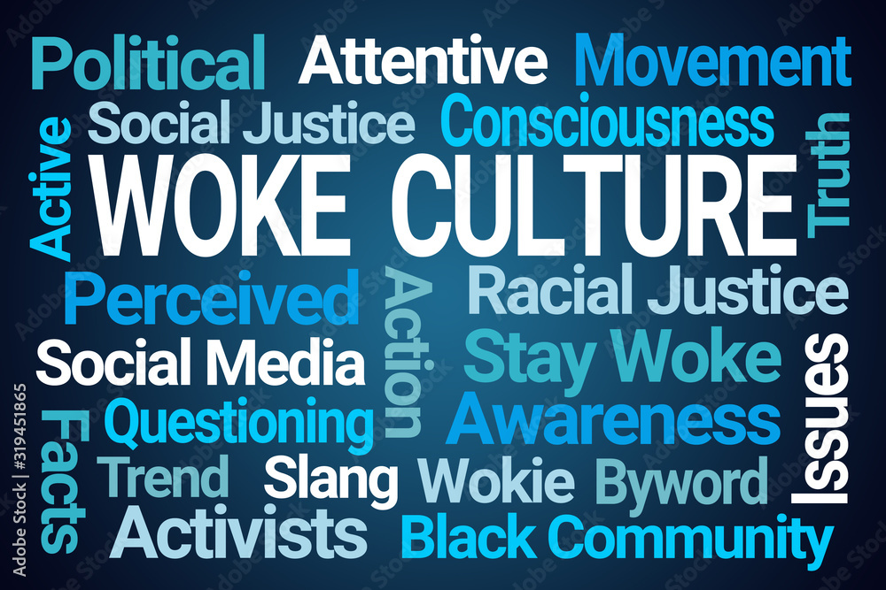 Woke Culture Word Cloud on Blue Background Woke Culture Word Cloud on Blue Background