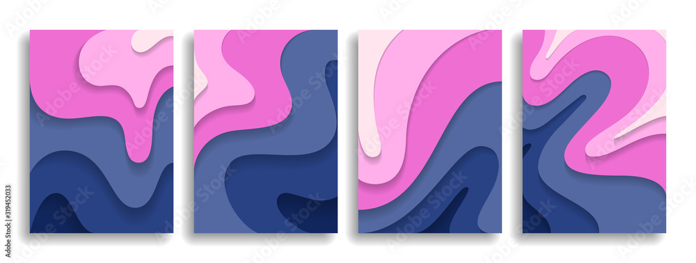 Collection of modern designer covers. Paper cut wavy layers. Gradation of color. Eps10 vector