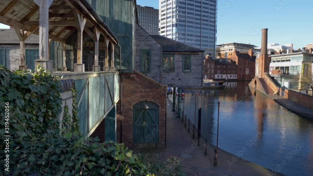 Gas Street canal basin in central Birmingham. Wide angle shot of Gas Street basin in Birmingham. Includes a camera move. Gas Street canal basin in central Birmingham. Wide angle shot of Gas Street basin in Birmingham. Includes a camera move.