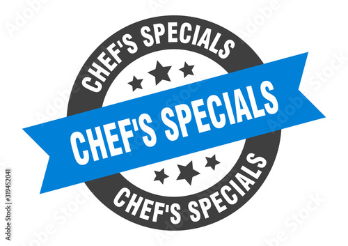 chef's specials sign. chef's specials round ribbon sticker. chef's specials tag