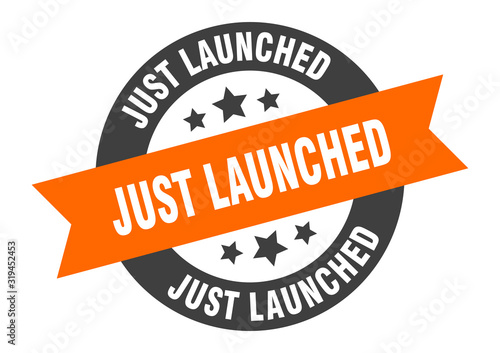 just launched sign. just launched round ribbon sticker. just launched tag