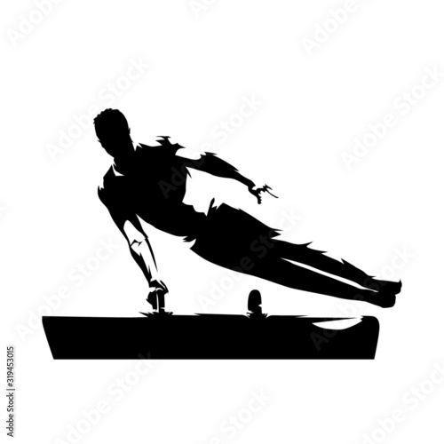Gymnastics, male gymnast performs flairs on pommel horse. Isolated vector silhouette. Ink drawing