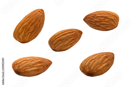 Closeup almonds nut on white background.