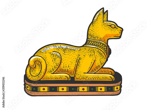 Ancient Egyptian cat statue sketch engraving vector illustration. T-shirt apparel print design. Scratch board imitation. Black and white hand drawn image.