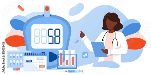 Medicine diabetes type 2 concept. Glucometer for measuring sugar level. Blood glucose meter, pills, syringe and vial, insulin production. Doctor with laboratory test equipment. Vector banner template