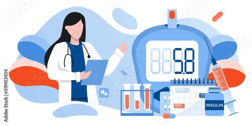 Medicine diabetes type 2 concept. Glucometer for measuring sugar level. Blood glucose meter, pills, syringe and vial, insulin production. Doctor with laboratory test equipment. Vector banner template