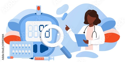 Medicine diabetes type 2 concept. Glucometer for measuring sugar level. Blood glucose meter, pills, syringe and vial, insulin production. Doctor with laboratory test equipment. Vector banner template