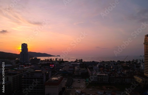 Panoramic Aerial View of Patong Bay Phuket Thailand with the Sunset creating many beautiful colours