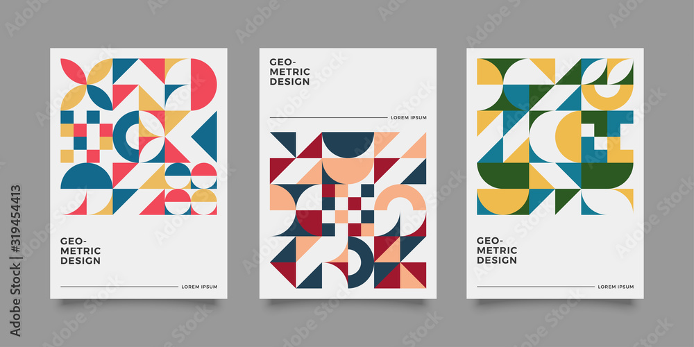 Placard templates set with Geometric shapes, Retro geometric style flat and line design elements. Retro, bauhaus art for covers, banners, flyers and posters. Eps 10 vector illustrations