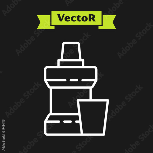 White line Mouthwash plastic bottle and glass icon isolated on black background. Liquid for rinsing mouth. Oralcare equipment. Vector Illustration