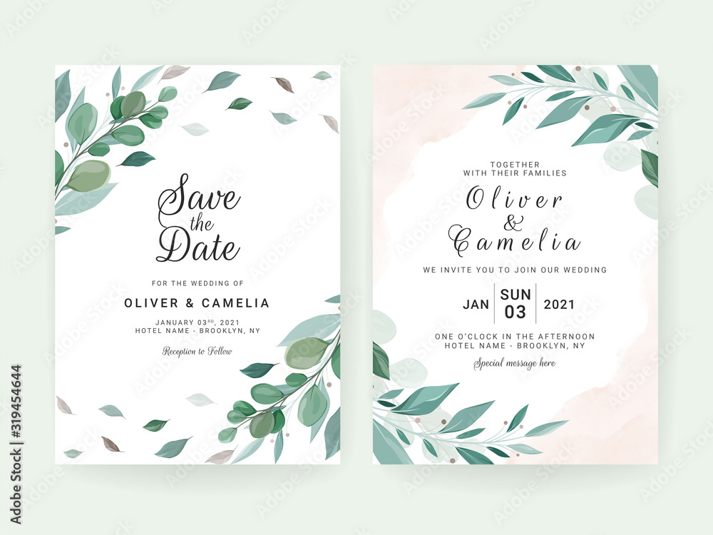 Wedding invitation card template set with leaves and watercolor background. Floral border for save the date, greeting, thank you, RSVP, etc. Botanic illustration vector
