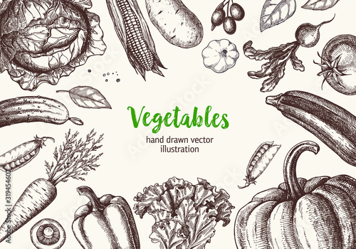 Vegetables top view frame. Farmers market menu design template. Organic vegetables food poster. Vintage hand drawn sketch vector illustration.