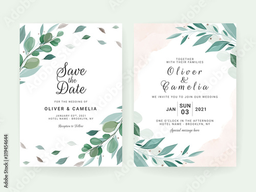 Wedding invitation card template set with leaves and watercolor background. Floral border for save the date  greeting  thank you  RSVP  etc. Botanic illustration vector