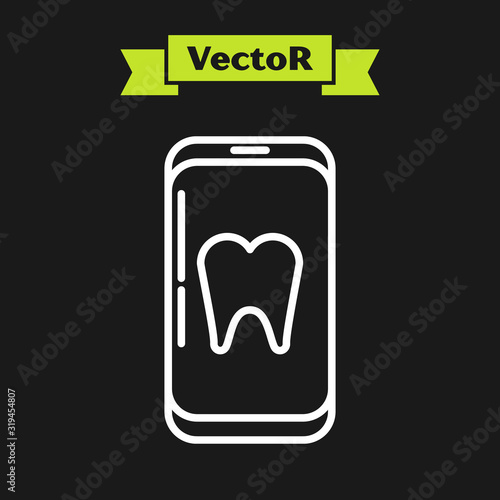 White line Online dental care icon isolated on black background. Dental service information call center. Vector Illustration