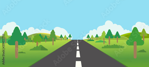 Fototapeta Naklejka Na Ścianę i Meble -  Road to nature backgroud vector illustration.Street with field ,forest,  hills , clouds and trees.Beautiful nature landscape.Road trip to forest
