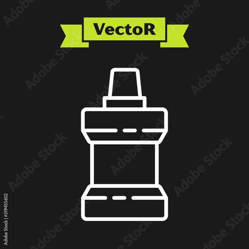 White line Mouthwash plastic bottle icon isolated on black background. Liquid for rinsing mouth. Oralcare equipment. Vector Illustration