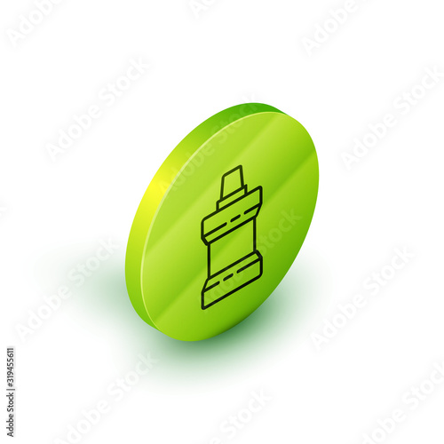 Isometric line Mouthwash plastic bottle icon isolated on white background. Liquid for rinsing mouth. Oralcare equipment. Green circle button. Vector Illustration