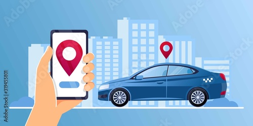 Car sharing service app advertising web banner. Smartphone screen with city map navigation, taxi car and location pin. Smart city transportation. Online order taxi service. For landing, poster, flyer