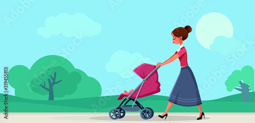 Mother with Baby in Pram Walking in the Park