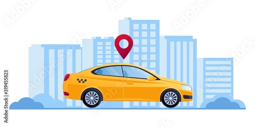 Fototapeta Naklejka Na Ścianę i Meble -  Car sharing service app advertising web banner. Smartphone screen with city map navigation, taxi car and location pin. Smart city transportation. Online order taxi service. For landing, poster, flyer