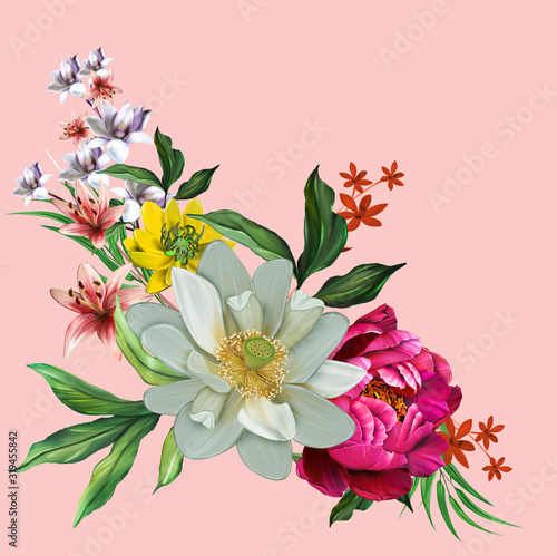 floral illustration - bouquet with bright pink vivid flowers, green leaves, for wedding stationary, greetings, wallpapers, fashion, backgrounds, textures, DIY, wrappers, cards.