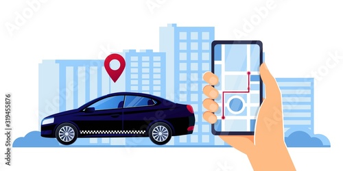 Car sharing service app advertising web banner. Smartphone screen with city map navigation, taxi car and location pin. Smart city transportation. Online order taxi service. For landing, poster, flyer