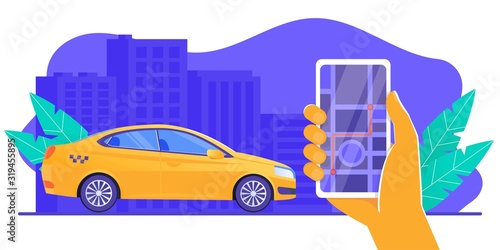 Car sharing service app advertising web banner. Smartphone screen with city map navigation, taxi car and location pin. Smart city transportation. Online order taxi service. For landing, poster, flyer